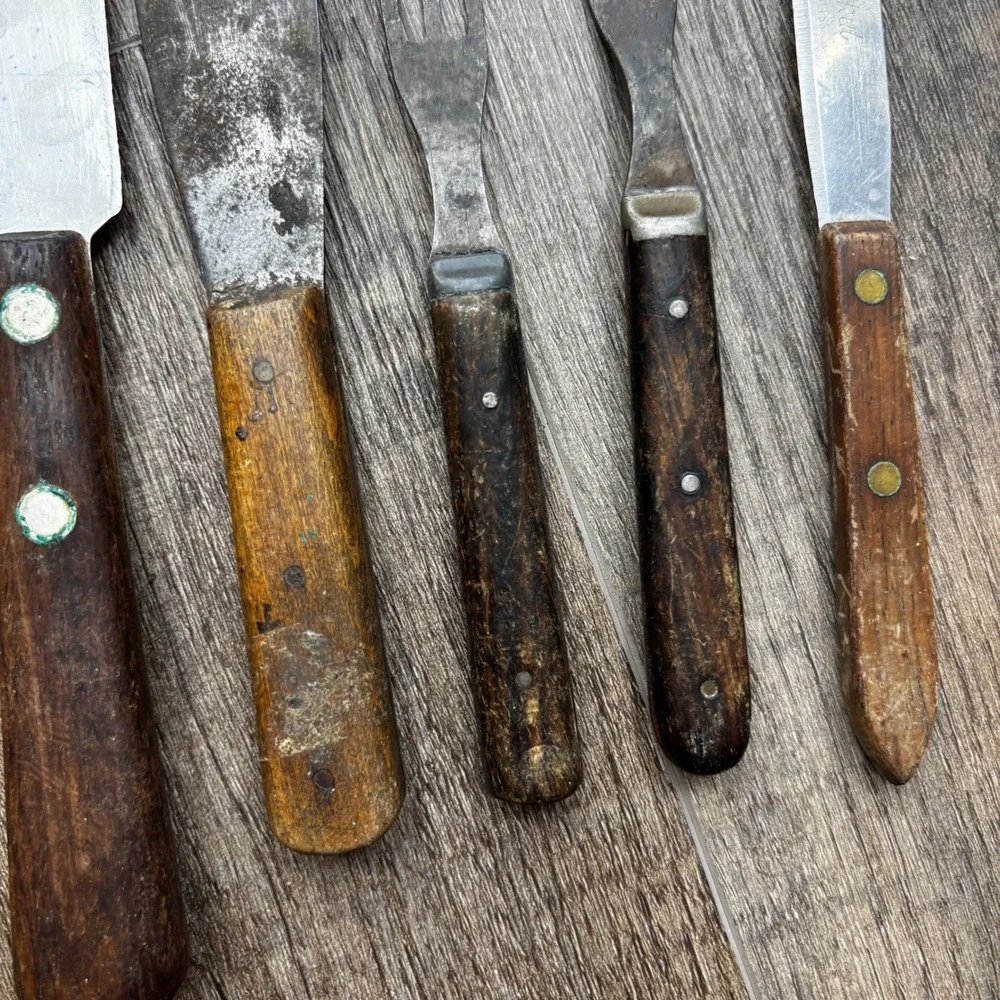Vintage Wood‎ Handle Kitchen Knife Set Cleaver Slicer Forks Quikut Flint 6pc